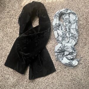 Two Women's Scarfs: Long Black Velvet Scarf and Long Black and White Scarf
